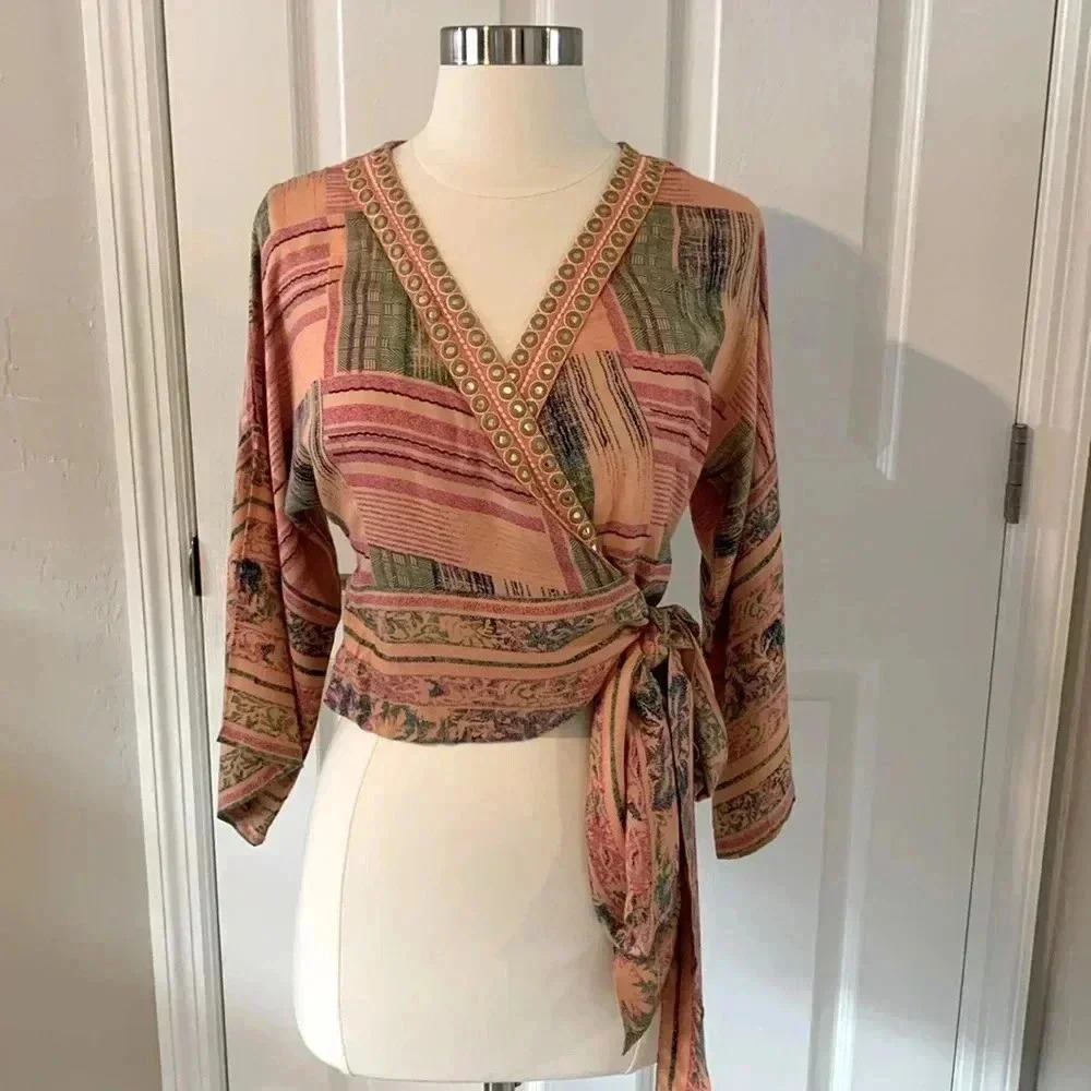 Women's Pink Wrap Top with Multicolor Pattern